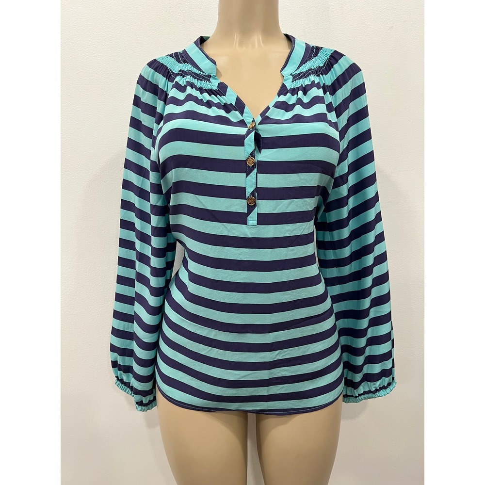 Lilly Pulitzer Womens Medium Teal Navy Striped %100 Silk Elsa Blouse Top
